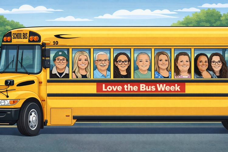 Cartoon bus featuring 9 bus driver photos