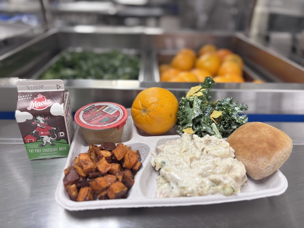 We are proud to serve-  Fresh NC kale- try it with Doritos and ranch! Fresh NC sweet potatoes Very delicious & sweet oranges  Scratch made chicken alfredo 100% all beef burgers smashed by hand Scratch made coleslaw We are still hiring! Click the link to search for open School Nutrition positions https://randolph.schoolspring.com/ #RCSScafereinvented #fillyourtray