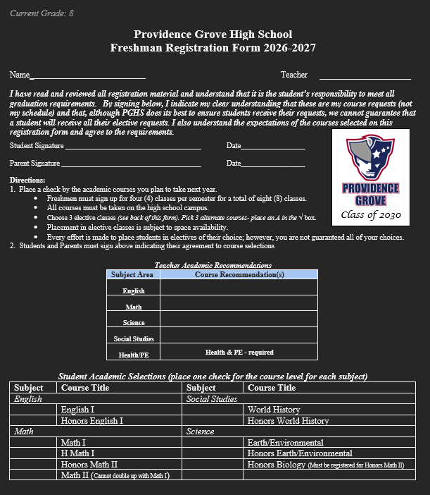 8th Grade Registation Information