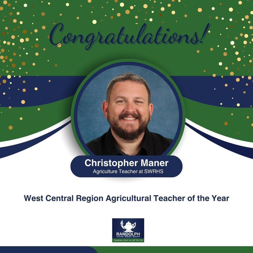 BIG Congratulations to Christopher Maner for being named the West Central Region Agricultural Teacher of the Year. There are eight selected across the state, one for each region. Christopher will be awarded this summer at CTE Summer Conference in Winston Salem.