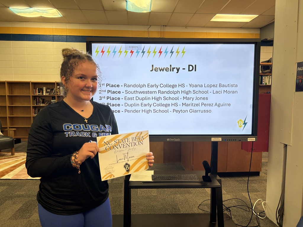 Congratulations to our Beta Club members who competed at the NC State Beta Convention in February. The following students placed top 5 in the state in their events and are eligible to compete at the National Beta Club Convention this summer in Nashville, TN. 💫⭐ Agriscience 11th Grade - 4th place - Cameron Weaver Health & PE 10th Grade - 2nd place - Skylar Ferree Health & PE 11th Grade - 5th place - Kayla Hernandez Poetry Division I - 4th place - Kyla Farmer Poetry Division II - 4th place - Zoe Shaw Psychology 10th Grade - 1st place - Kendall Hagerman Spanish 11th Grade - 2nd Place - Leslie Ciriza Diaz Drawing DI - 3rd Place - Trivett Kennedy Jewelry DI - 2nd Place - Laci Moran Pottery DI - 3rd Place - Riley Clapp Quilling DI - 4th Place - Abigail Rich Woodworking DI - 3rd Place - Kaiden Freeman Black & White Photography DII - 2nd Place - Stephany Vergara-Pulido Painting DII - 5th Place - Dani Jaeck Quilling DII - 3rd Place - Kadence Massingale Sculpture DII - 1st Place - Nanci Rodriguez-Venses DII Visual Art Best In Show - Nanci Rodriguez-Venses Onsite Painting DII - 1st Place - Dani Jaeck Premiere Performer - Jake Holloway Show Choir - 4th Place - Kolbi Bales, Giovanni Bernal-Hernandez, Caylyn Cagle, Madelyn Chhem, Evelyn Ciriza Diaz, Leslie Ciriza Diaz, Carmen Clapp, Thomas Costello, Yan Diaz, Chelsea Eudy, Keyla Gallegos, Jake Holloway, Maelee Laws, Chloe Murray, Chloe Reeder, Abigail Rich, Sophie Roach, Nanci Rodriguez-Venses, Genesis Valencia, Stephanie Vergara Pulido, Riley Whitehead, Lucy York Way to go, Cougars! 💙💛 #betaclub