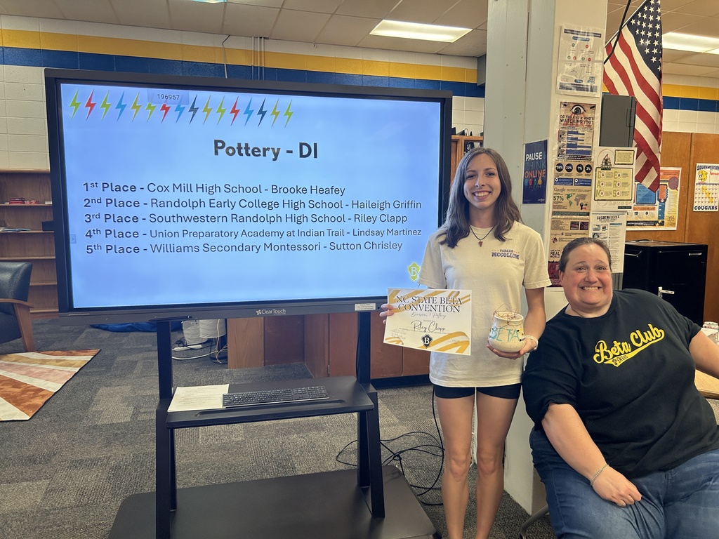 Congratulations to our Beta Club members who competed at the NC State Beta Convention in February. The following students placed top 5 in the state in their events and are eligible to compete at the National Beta Club Convention this summer in Nashville, TN. 💫⭐ Agriscience 11th Grade - 4th place - Cameron Weaver Health & PE 10th Grade - 2nd place - Skylar Ferree Health & PE 11th Grade - 5th place - Kayla Hernandez Poetry Division I - 4th place - Kyla Farmer Poetry Division II - 4th place - Zoe Shaw Psychology 10th Grade - 1st place - Kendall Hagerman Spanish 11th Grade - 2nd Place - Leslie Ciriza Diaz Drawing DI - 3rd Place - Trivett Kennedy Jewelry DI - 2nd Place - Laci Moran Pottery DI - 3rd Place - Riley Clapp Quilling DI - 4th Place - Abigail Rich Woodworking DI - 3rd Place - Kaiden Freeman Black & White Photography DII - 2nd Place - Stephany Vergara-Pulido Painting DII - 5th Place - Dani Jaeck Quilling DII - 3rd Place - Kadence Massingale Sculpture DII - 1st Place - Nanci Rodriguez-Venses DII Visual Art Best In Show - Nanci Rodriguez-Venses Onsite Painting DII - 1st Place - Dani Jaeck Premiere Performer - Jake Holloway Show Choir - 4th Place - Kolbi Bales, Giovanni Bernal-Hernandez, Caylyn Cagle, Madelyn Chhem, Evelyn Ciriza Diaz, Leslie Ciriza Diaz, Carmen Clapp, Thomas Costello, Yan Diaz, Chelsea Eudy, Keyla Gallegos, Jake Holloway, Maelee Laws, Chloe Murray, Chloe Reeder, Abigail Rich, Sophie Roach, Nanci Rodriguez-Venses, Genesis Valencia, Stephanie Vergara Pulido, Riley Whitehead, Lucy York Way to go, Cougars! 💙💛 #betaclub