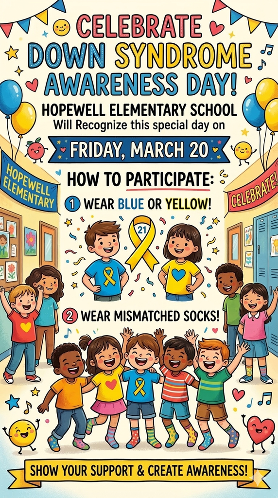 Join us in celebrating Down Syndrome Awareness Day on Friday, March 20! 💙💛 Wear blue or yellow and rock your mismatched socks to show your support and help spread awareness across our school community!