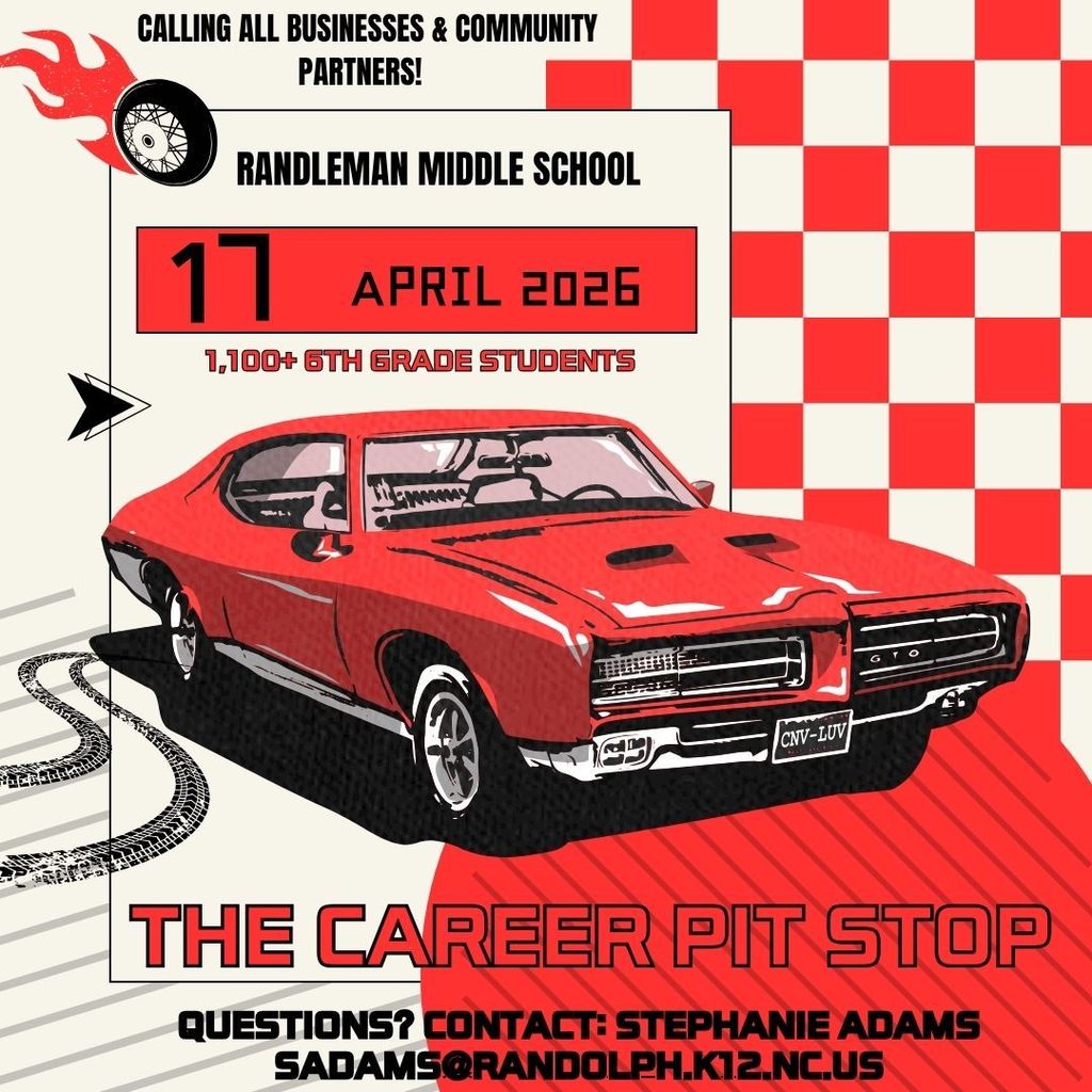 🚨 Calling All Businesses & Community Partners! 🚨  We’re looking for organizations to join us in TWO incredible opportunities to inspire and connect with the Randolph County School System students!  🔧 The Career Pit Stop 🗓 April 17 📍 Randleman Middle School 👥 1,100+ 6th Grade Students  Help spark curiosity and career awareness through hands-on activities, interactive booths, information sessions, and vehicle displays. This is your chance to introduce students to your industry in a fun and engaging way!  🎓 Pathways to Purpose: Senior Edition Job Fair 🗓 April 30 | ⏰ 8:30 AM – 1:30 PM 📍 National Guard Armory – Asheboro  Connect directly with graduating seniors ready to enter the workforce! We are seeking employers with opportunities for full-time, part-time, and training positions.  💼 Why Participate? ✔ Build your future workforce pipeline ✔ Promote your organization ✔ Make a lasting impact on local students ✔ Engage with the next generation of talent  📣 Whether you’re able to participate in one or BOTH events—we’d love to have you!  👉 Sign up today: Registration Link 📩 Questions? Contact: Stephanie Adams - sadams@randolph.k12.nc.us  #RandolphCountySchools #CTE #WorkforceDevelopment #CareerReady #CommunityPartnerships #PathwaysToPurpose #CareerPitStop