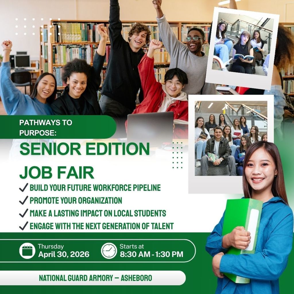 🎓 Pathways to Purpose: Senior Edition Job Fair 🗓 April 30 | ⏰ 8:30 AM – 1:30 PM 📍 National Guard Armory – Asheboro Connect directly with graduating seniors ready to enter the workforce! We are seeking employers with opportunities for full-time, part-time, and training positions. 💼 Why Participate? ✔ Build your future workforce pipeline ✔ Promote your organization ✔ Make a lasting impact on local students ✔ Engage with the next generation of talent 📣 Whether you’re able to participate in one or BOTH events—we’d love to have you! 👉 Sign up today: Registration Link 📩 Questions? Contact: Stephanie Adams - sadams@randolph.k12.nc.us