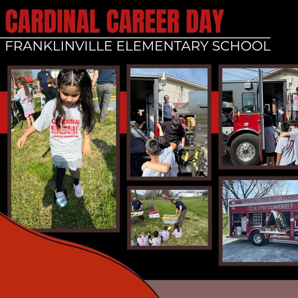 On Friday, March 27, Franklinville Elementary School partnered with the town of Franklinville for the second year in a row for Cardinal Career Day, a one-day event featuring a walking tour of the town that showcased the wide range of career opportunities available to students in the community and how they connect to the global marketplace. Students traveled with their teachers and chaperones to locations around the park and downtown Franklinville, rotating every twenty minutes to visit a total of 15 career stations. Stops included the Franklinville Fire Department, Franklinville Town Hall, Franklinville United Methodist Church fellowship hall, and Franklinville Post Office. The Randolph County Sheriff’s Department and Franklinville Fire Department helped ensure student safety throughout the day. We are grateful to the many community partners and volunteers who shared their time and career experiences, as well as to our sponsors for providing student shirts and a snack from the Franklinville Diner at no cost. After returning to school, students enjoyed lunch and completed follow-up activities to reflect on their experience.