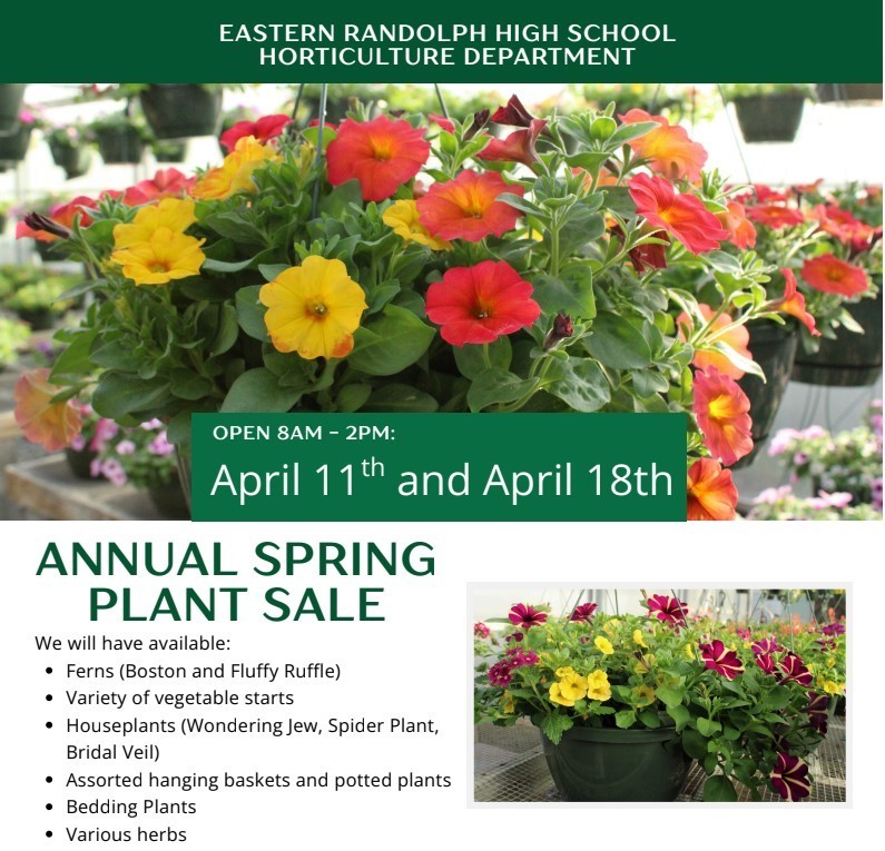 Eastern Randolph High School Plant Sale Info! For more information email Mr. Corder at wcorder@randolph.k12.nc.us or call 336-824-2351