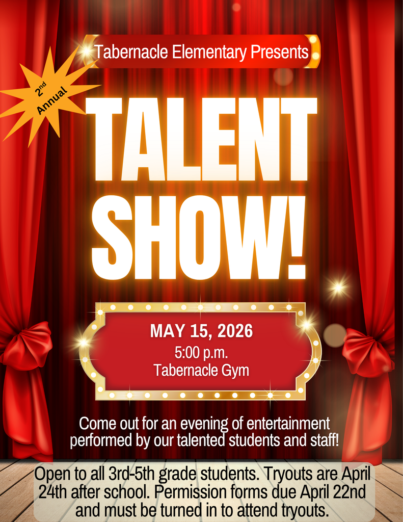 🌟 Calling all superstars in grades 3-5! Do you have a talent that's just itching to shine? The 2nd Annual Tabernacle Talent Show is your moment! ✨ Whether you sing, dance, tell jokes, do magic tricks, or showcase any other amazing skill, we want to see it. 🎤🎭🎨  Snag a sign-up sheet from Mrs. George or grab one at STEM Parent Night this Thursday, April 16th. 📋 Get your form turned in by April 22nd to lock in your spot for tryouts on Friday, April 24th right after school. Your performance should be between 1-2 minutes of pure awesomeness, and remember—keep the music and outfit school-appropriate! 🎵👕  Not ready to perform? No worries! Come cheer on your classmates on May 15th at 5:00 and be part of the excitement! 🎉 Either way, this is going to be incredible.