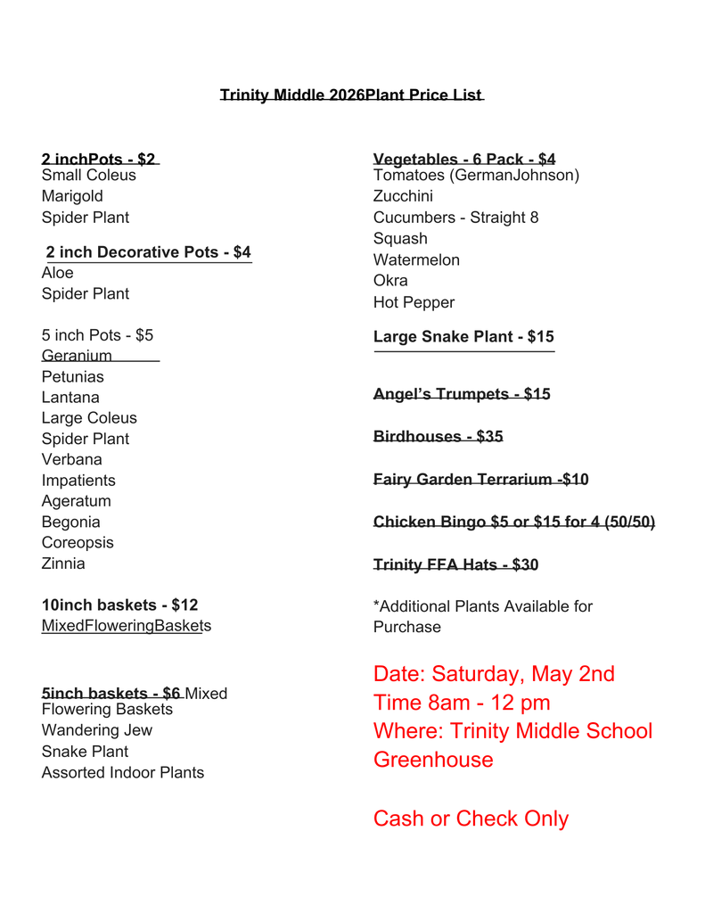 FFA Plant Sale Price List