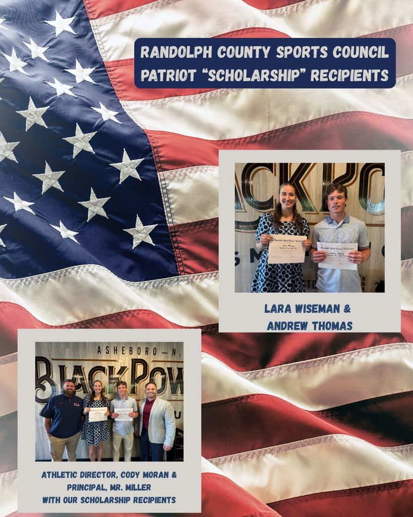 Congratulations to Lara Wiseman and Andrew Thomas, Patriot senior student-athletes, who were awarded scholarships at the Randolph Sports Council Spring Banquet last night at Black Powder in Asheboro! We are proud of you both!