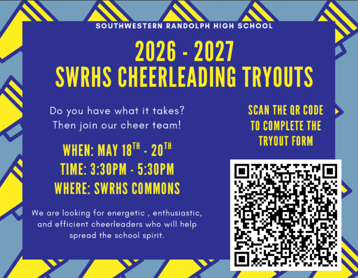 2026-2027 SWRHS Cheerleading Tryouts. Scan the QR code to sign up.