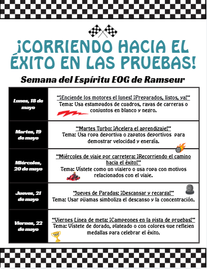EOG Spirit Week Dress Up Days - May 18  to May 22 in Spanish