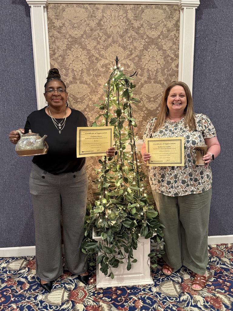 Congratulations to our own Ms. Glover and Ms. Lambe on their recognition at the Randolph County Schools Service and Retirement Banquet. Ms. Lambe was recognized for 25 years of service, and Ms. Glover for her upcoming retirement! Congratulations!!