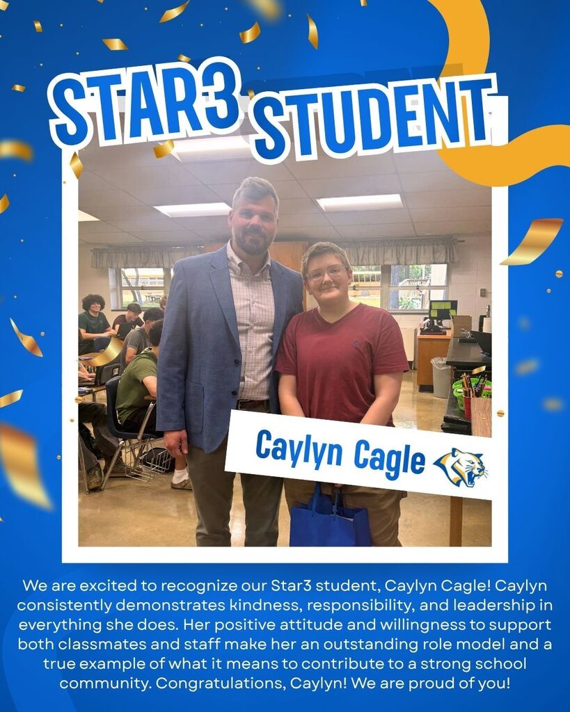 We are excited to recognize our Star3 student, Caylyn Cagle! Caylyn consistently demonstrates kindness, responsibility, and leadership in everything she does. Her positive attitude and willingness to support both classmates and staff make her an outstanding role model and a true example of what it means to contribute to a strong school community. Congratulations, Caylyn! We are proud of you! ✨