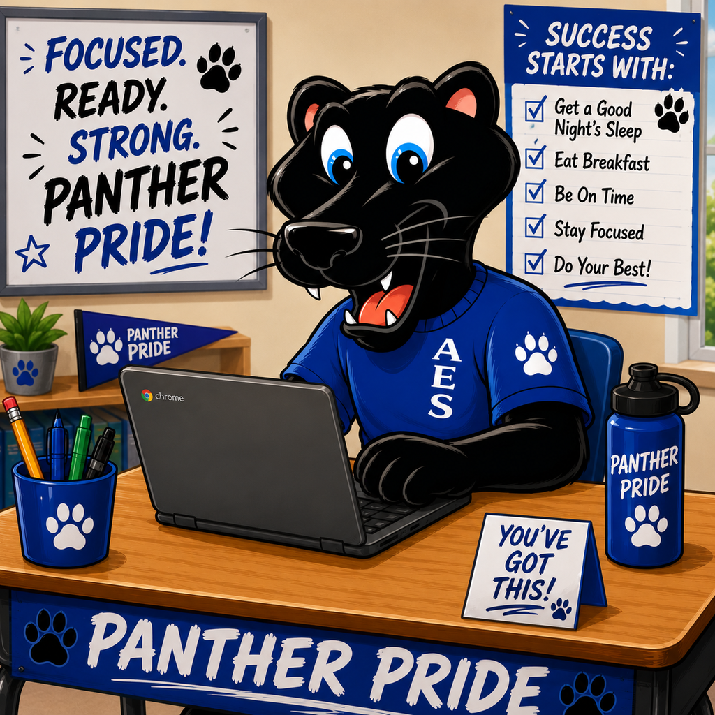 A cartoon panther is sitting at a desk in a classroom typing on a Chromebook.