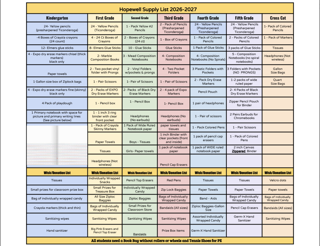 2026-2027 School Supply List 