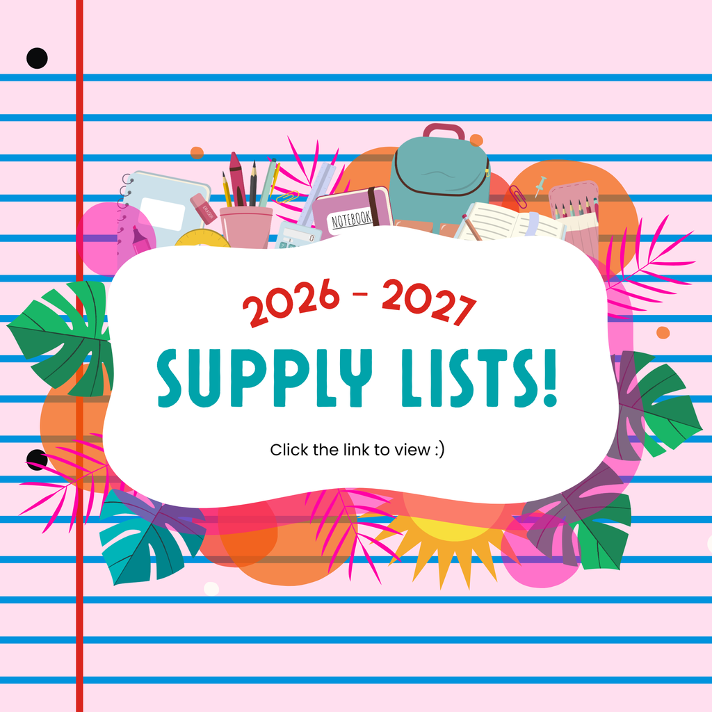 Summer and school supply clipart. Text reads: 2026-2027 supply lists! Click the link to view :)