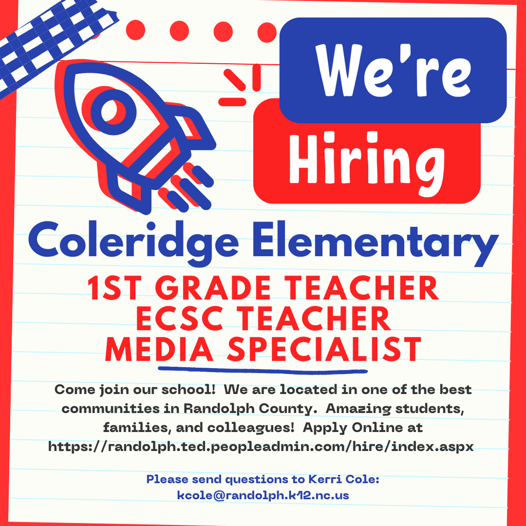 CES is hiring! Come join our team. Positions available include: 1st grade, ECSC Teacher, and Media Specialist!