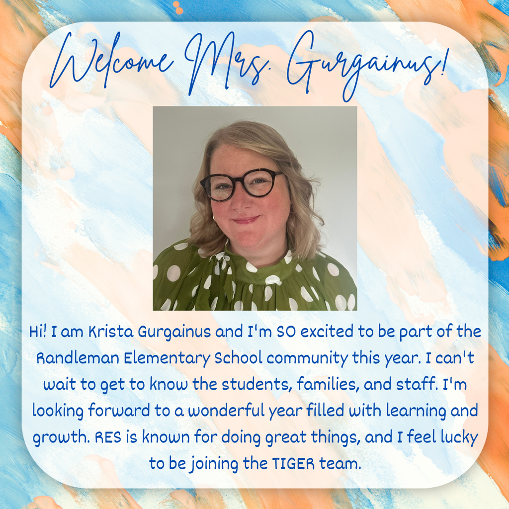 🎉 Please join us in welcoming Mrs. Krista Gurgainus, our new Assistant Principal, to the Randleman Elementary School family! 🐯💙  "Hi! I am Krista Gurgainus and I'm SO excited to be part of the Randleman Elementary School community this year. I can't wait to get to know the students, families, and staff. I'm looking forward to a wonderful year filled with learning and growth. RES is known for doing great things, and I feel lucky to be joining the TIGER team."  Welcome to RES, Mrs. Gurgainus! We are so happy you're here and look forward to an amazing school year together! It's a great day to be a Tiger💙🧡