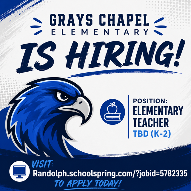 Grays Chapel Elementary is hiring!  Please visit: https://randolph.schoolspring.com/?jobid=5782335 to apply today!  #GraysChapelElementary #EveryMomentMatters