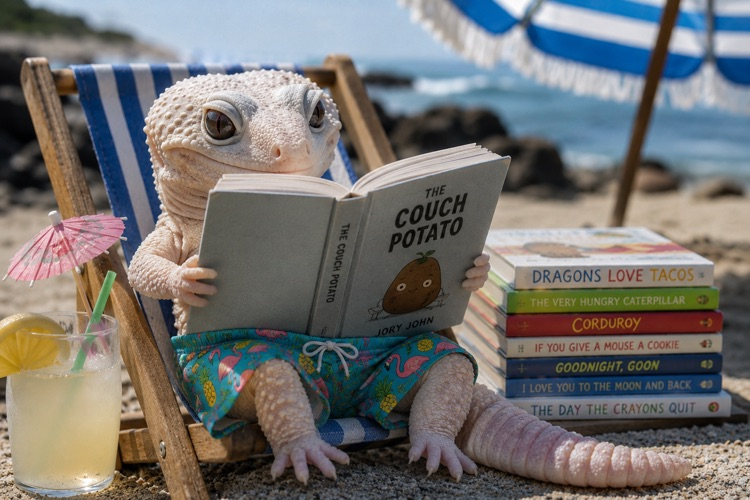 Mushu, the leopard gecko, reading at the beach .