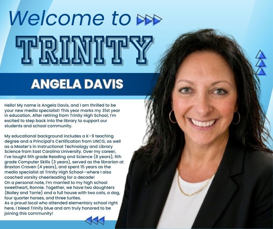 Please welcome our new media specialist, Angela Davis! We are excited she is joining Trinity Elementary!