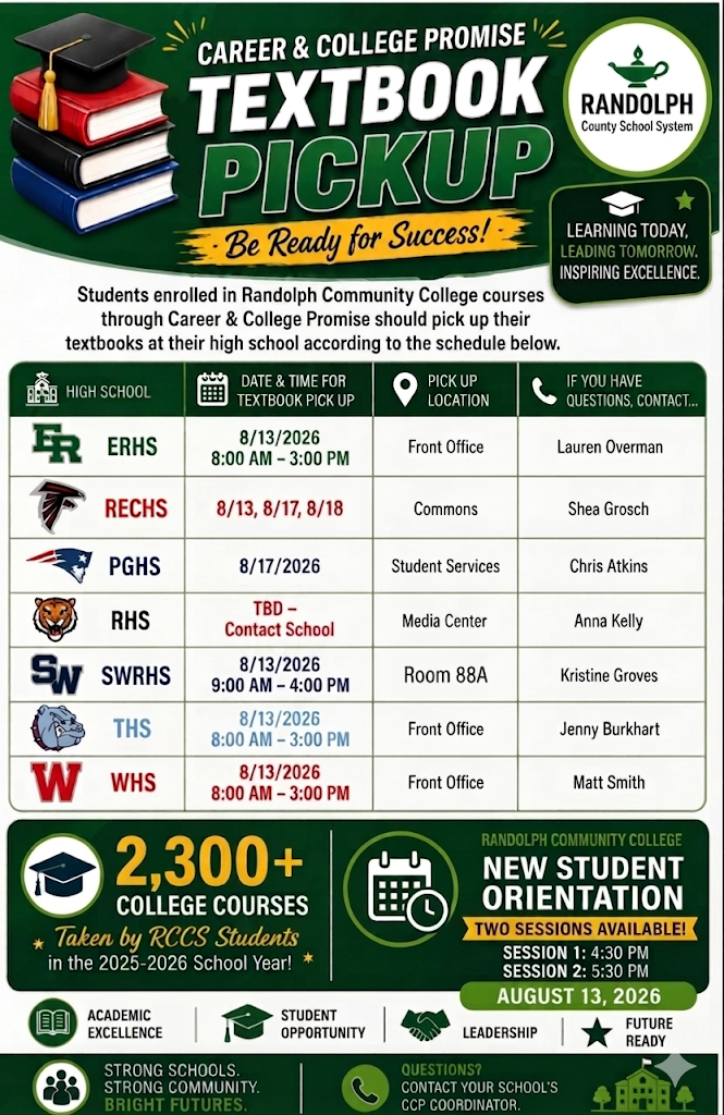 Textbook pick up information for all RCSS high schools - contact your student's high school for more information