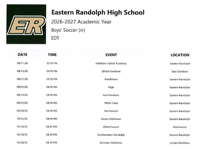 ERHS JV Soccer Schedule 2026