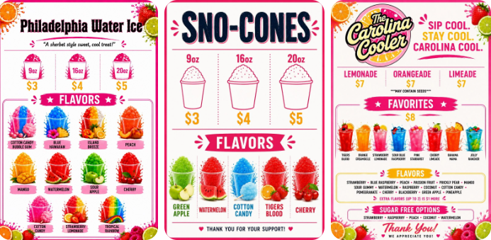 Carolina Cooler Menu for Philadelphia Water Ice and Sno-Cones.