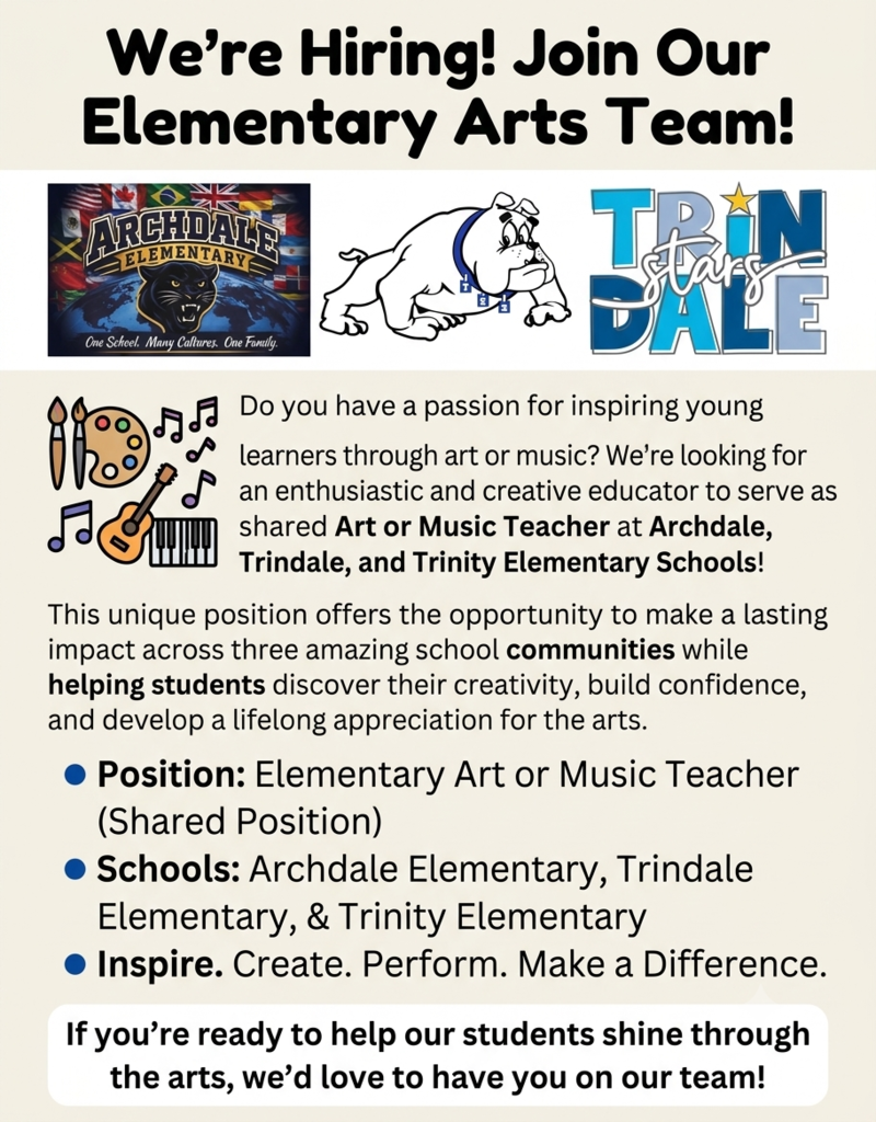 Come join our team! Art or music position available. Reach out for more information at mbeasley@randolph.k12.nc.us