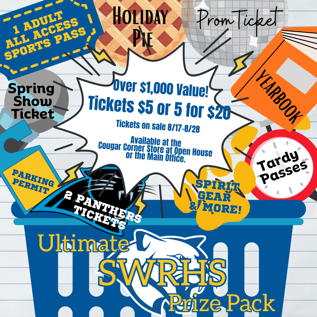 Image with items you could win in a SWRHS raffle! Tickets are $5 each or 5 for $20.