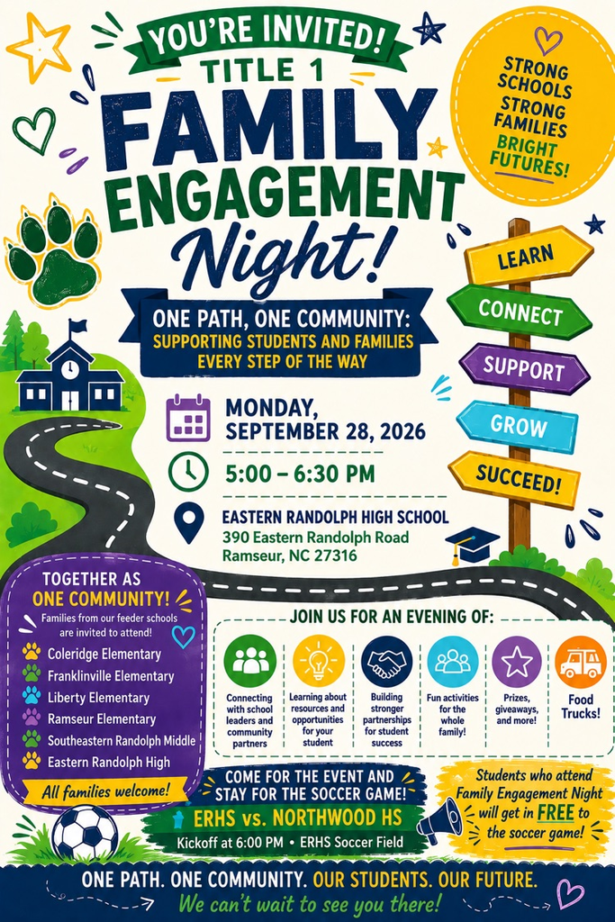 Join us for Title I Night, together as one community! Coleridge, Eastern Randolph, Franklinville, Liberty, Ramseur & Southeastern Randolph Middle families, come join us as we learn, grow, support, connect & succeed!