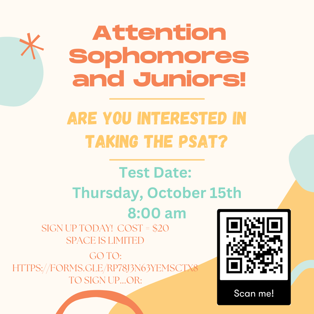 PSAT, Thursday, October 15th with link and QR code to register.