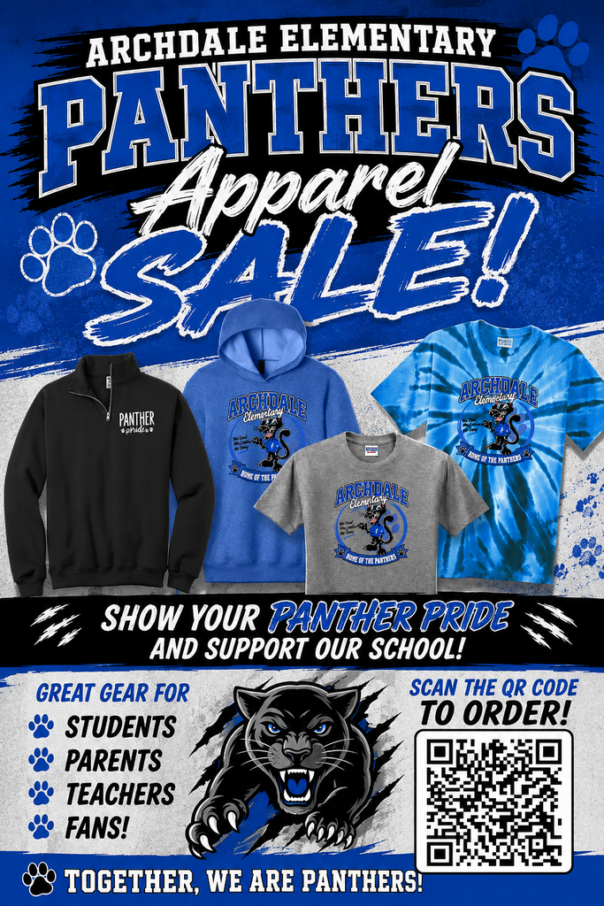 Archdale Elementary Panthers apparel sale flyer showing sample shirts, a panther mascot logo, and a QR code to order gear. Image text in description.