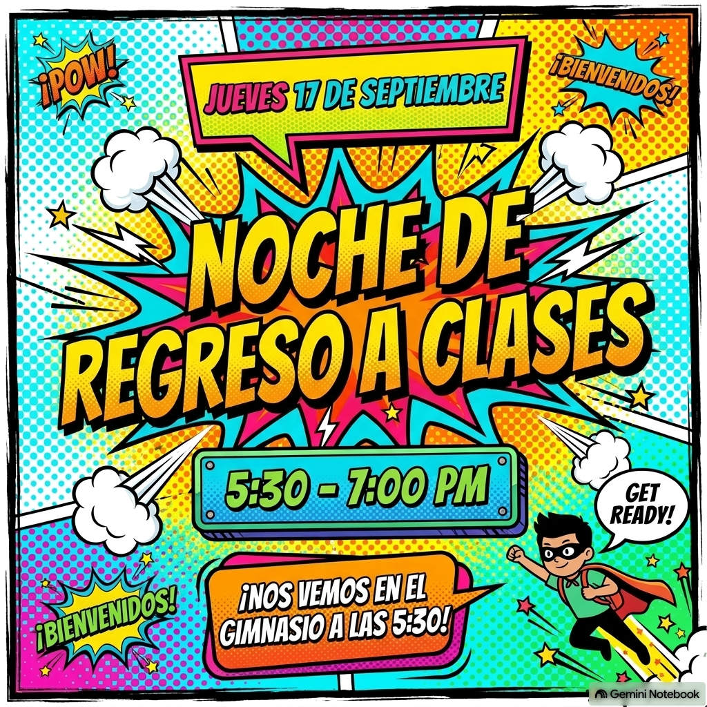 💥 ¡BOOM! ¡Llegó la Noche de Regreso a Clases! 💥 ¡Acompáñenos a la Noche de Regreso a Clases este jueves 17 de septiembre de 5:30 PM a 7:00 PM ! 📍 Lugar: ¡Nos vemos en el gimnasio a las 5:30 PM para comenzar ! ✨ Para: ¡Todos los estudiantes y sus familias! ¡Estamos muy emocionados de verlos y comenzar un gran año escolar juntos ! ¡Los esperamos! 🏫⚡