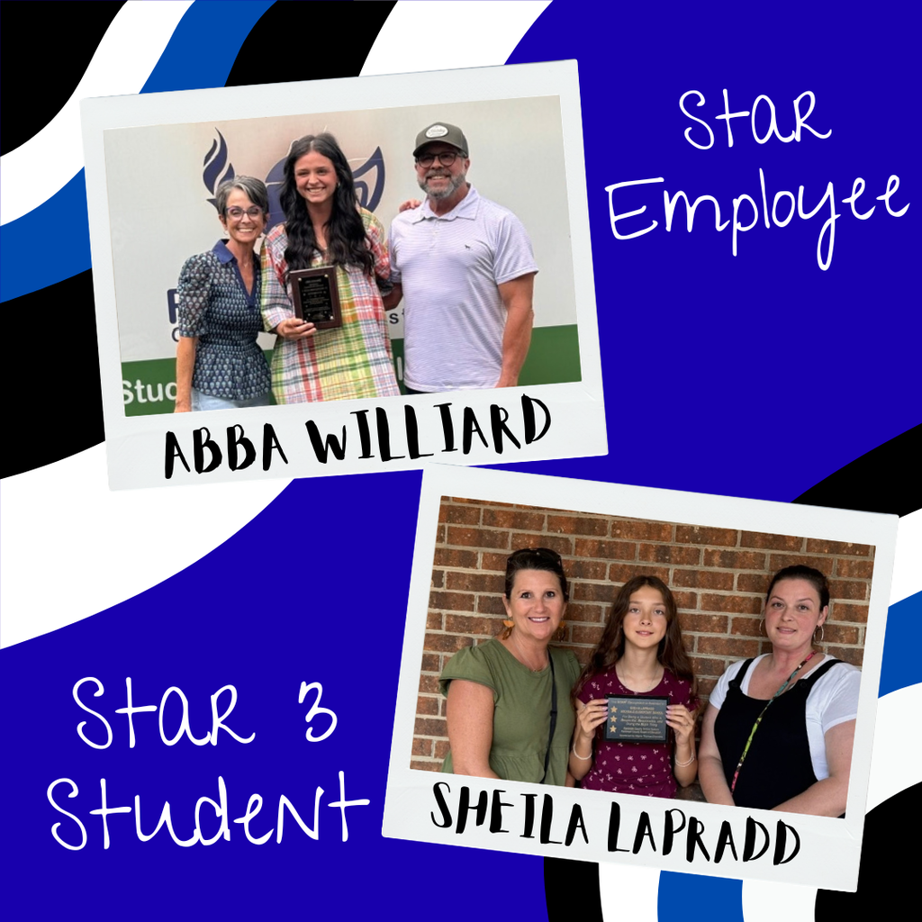 Black, blue, and white background with photos of the Star3 student and Star Employee holding their plaques.