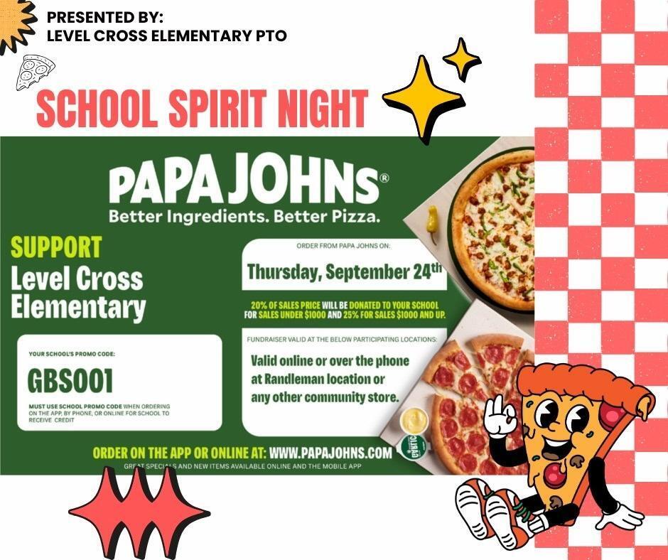 Did you hear what's happening tonight???   It's Level Cross Elementary PAPA JOHN'S Night! That's right, TODAY, September 24th, your family can order from Papa John's, and our PTO will receive a portion of the dough made throughout the day!  Seriously, it's THAT easy! Skip cooking and just order from Papa John's! Be sure to use our school's code! All proceeds will go toward our playground funds!   School's Code: GBS001  💰Valid for lunch and dinner at any NC location!