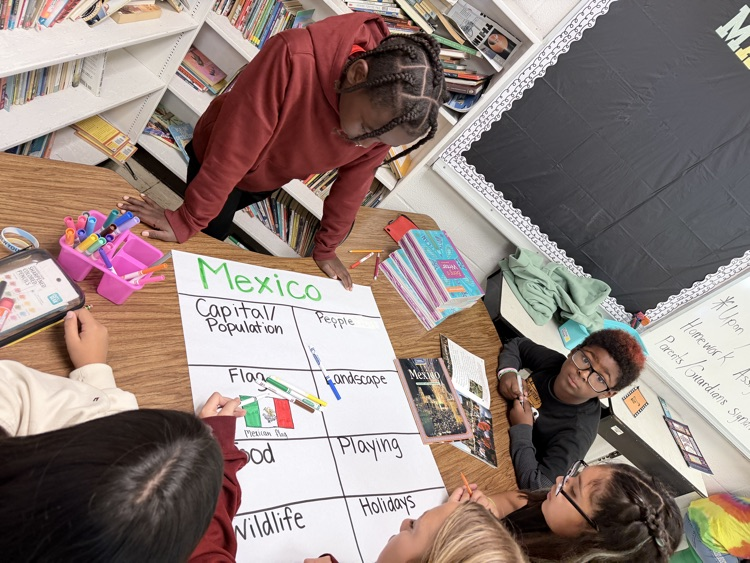 5th graders creating anchor charts for Hispanic Heritage Month