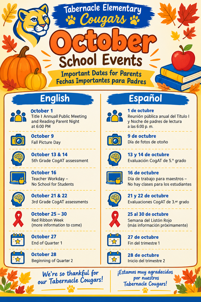 Tabernacle Elementary School’s October School Events flyer features a colorful fall theme with pumpkins, autumn leaves, apples, books, and the Tabernacle Cougars mascot. The flyer is titled “October School Events” and includes the subtitle “Important Dates for Parents.” The flyer provides the following important dates: October 1 – Title I Annual Public Meeting and Reading Parent Night at 6:00 PM; October 9 – Fall Picture Day; October 13 and 14 – 5th Grade CogAT assessment; October 16 – Teacher Workday, with no school for students; October 21 and 22 – 3rd Grade CogAT assessments; October 25–30 – Red Ribbon Week, with more information to come; October 27 – End of Quarter 1; and October 28 – Beginning of Quarter 2. The flyer presents the information in both English and Spanish. It also includes the message, “We’re so thankful for our Tabernacle Cougars!” El volante de eventos escolares de octubre de Tabernacle Elementary School presenta un diseño colorido con temática de otoño, que incluye calabazas, hojas de otoño, manzanas, libros y la mascota de los Tabernacle Cougars. El título del volante es “October School Events” y el subtítulo es “Important Dates for Parents.” El volante incluye las siguientes fechas importantes: 1 de octubre – Reunión pública anual del Título I y Noche de padres de lectura a las 6:00 p. m.; 9 de octubre – Día de fotos de otoño; 13 y 14 de octubre – Evaluación CogAT de 5.º grado; 16 de octubre – Día de trabajo para maestros, no hay clases para los estudiantes; 21 y 22 de octubre – Evaluaciones CogAT de 3.er grado; 25 al 30 de octubre – Semana del Listón Rojo, más información próximamente; 27 de octubre – Fin del trimestre 1; y 28 de octubre – Inicio del trimestre 2. El volante presenta la información tanto en inglés como en español. También incluye el mensaje: “¡Estamos muy agradecidos por nuestros Tabernacle Cougars!”