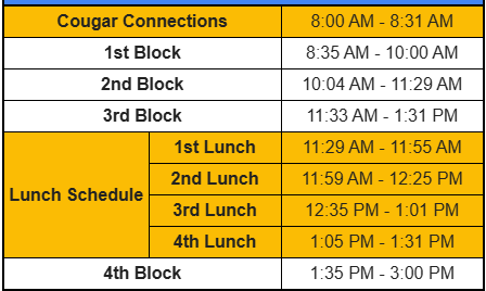 Bell Schedule for 9/30/26