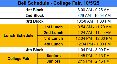 Bell Schedule for 10/5/26