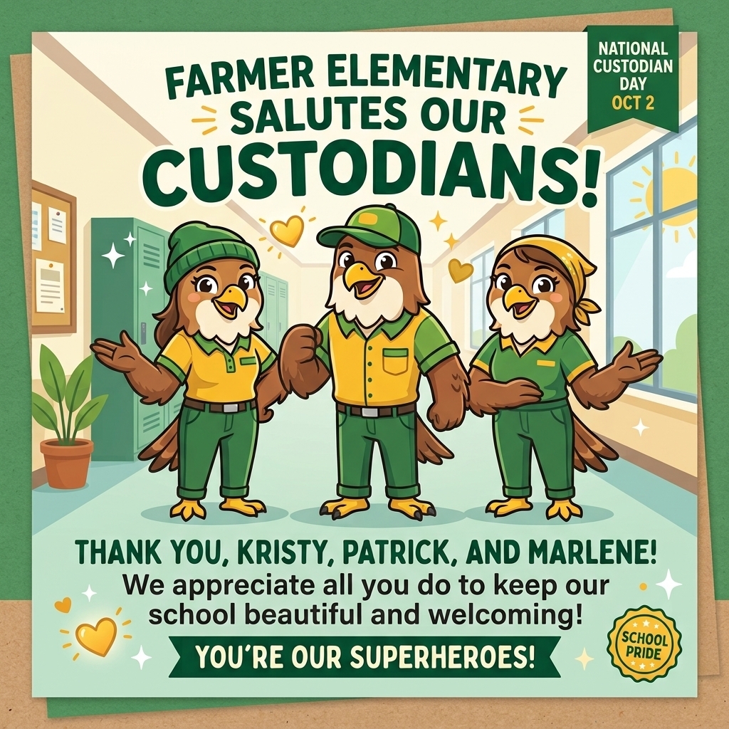 Today is National Custodian Day, and Farmer Elementary wants to send a huge THANK YOU to our amazing custodial team: Kristy, Patrick, and Marlene! 💚💛