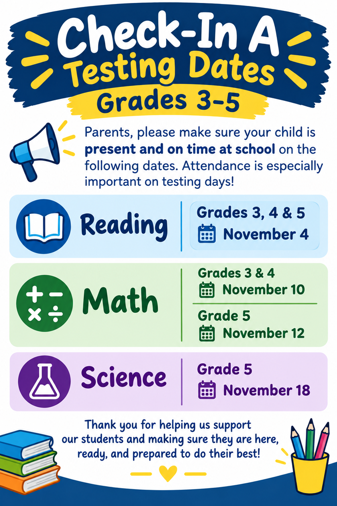 Check-In A Testing Dates at Farmer will be:  Wednesday November 4th- Reading for all 3rd, 4th & 5th Grade students  Tuesday November 10th- Math for 3rd & 4th Grade Students  Wednesday November 11th- Math for 5th Grade Students  Wednesday November 18th- Science for 5th Grade Students.