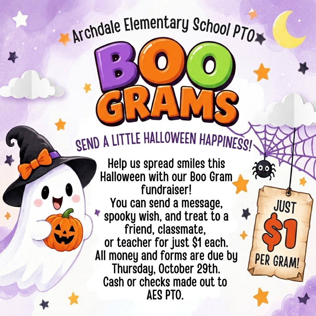 A Halloween-themed flyer for the Archdale PTO Boo Grams fundraiser, featuring a cute ghost and a $1 price sign. All details are included in caption.