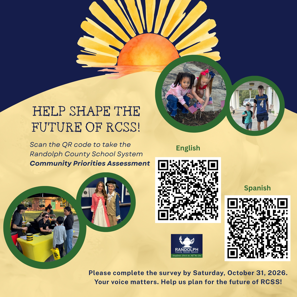 RCSS is currently offering a Community Priorities Assessment Survey. Postcards were mailed to all student homes and staff received postcards at their school. This survey is also open to the Randolph County community at large. We are asking that you please consider participating in this survey that is open until THIS Saturday, October 31. The Randolph County School System (RCSS), in partnership with the SchoolCAMP team from NC State University, is exploring school assignment and future facility planning needs in RCSS. Your input will help identify community challenges, values and priorities that will inform recommendations for future student assignment and school facility decisions. Students, staff & community members are invited to complete the survey. Responses will be combined and summarized by SchoolCAMP staff. Please complete the survey by Saturday, October 31, 2026. Your voice matters. Help us plan for the future of RCSS! Scan the QR code or click the link: English link- https://docs.google.com/forms/d/e/1FAIpQLSfF2ELBbws_vhxXCK42oKcbr39H88BJaYCIgeJ7IItoVHYvew/viewform Spanish link - https://docs.google.com/forms/d/e/1FAIpQLSdExaqLzVnoRiioPSaXHf07YGMMV6nCajcKiJWklMtdmfDh6Q/viewform Names and identifying information will not be shared outside of the SchoolCAMP project team. Email addresses are collected only to prevent duplicate submissions.