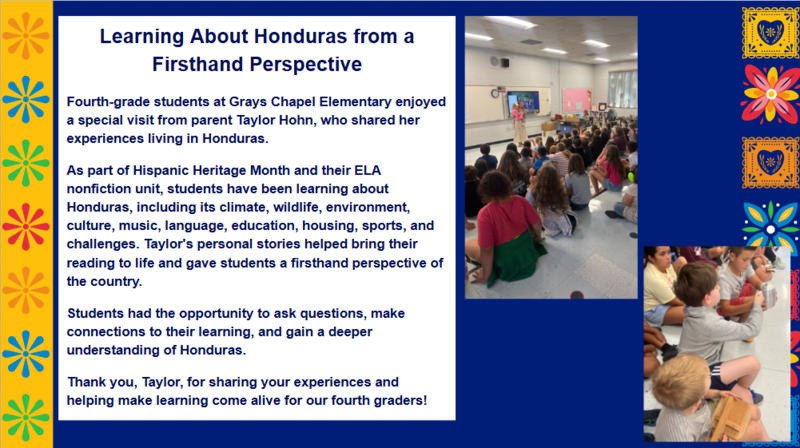 Fourth Graders at Grays Chapel Elementary Learn about Honduras from a Firsthand Perspective