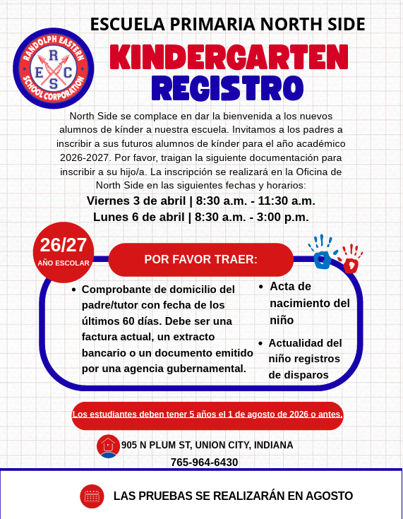 Esta imagen da detalles sobre la inscripcion en el jardin de infantes para 2026-2027.