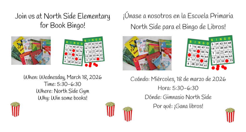 An invitation to North Side Elementary for Book Bingo March 18 at 5:30 pm.