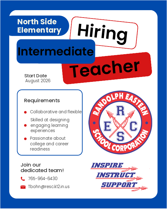 North Side Elementary is hiring an intermediate grades teacher. The position is available for the 2026-2027 school year.