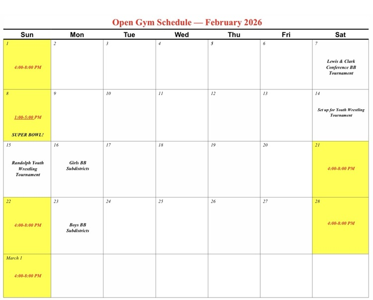 February Open Gym Schedule